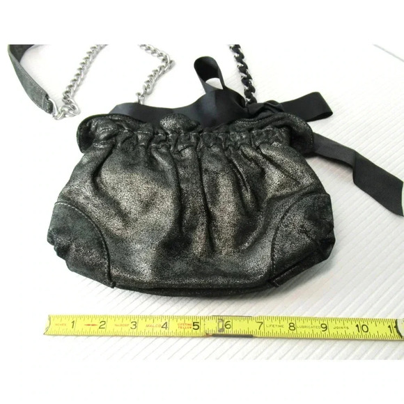Ann Taylor LOFT Black Silver Leather Shoulder Bag Chain Strap Bow - Picture 2 of 8